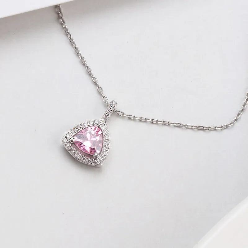925 Silver Sweet Necklace Chain with Pink Yellow Crystal Pendants