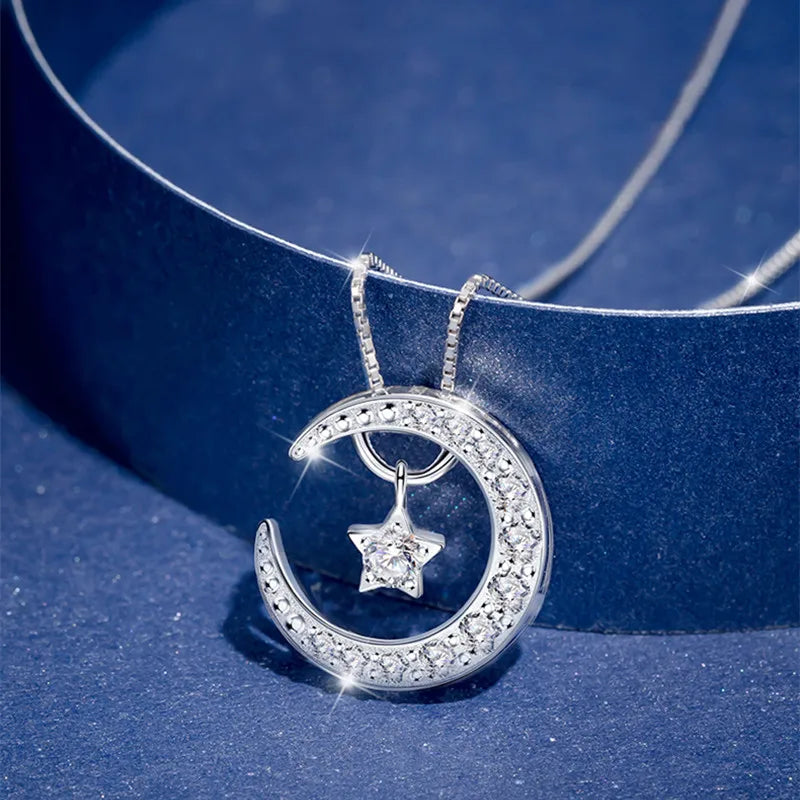 925 Silver Necklace Zircon Moon Star Pendant for Women