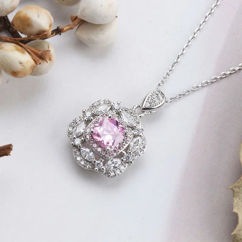 925 Silver Necklace 6mm Stone & Zircon Pendant for Women