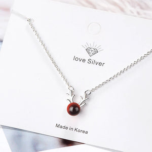 925 Silver Elk Deer Antlers Necklace Red Garnet Pendant