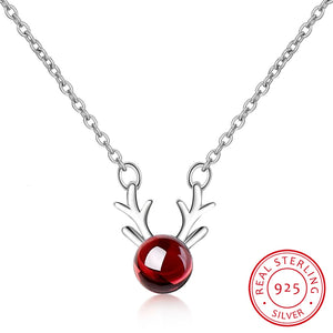 925 Silver Elk Deer Antlers Necklace Red Garnet Pendant