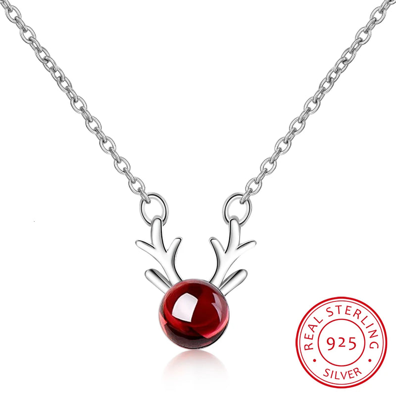 925 Silver Elk Deer Antlers Necklace Red Garnet Pendant