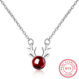 925 Silver Elk Deer Antlers Necklace Red Garnet Pendant