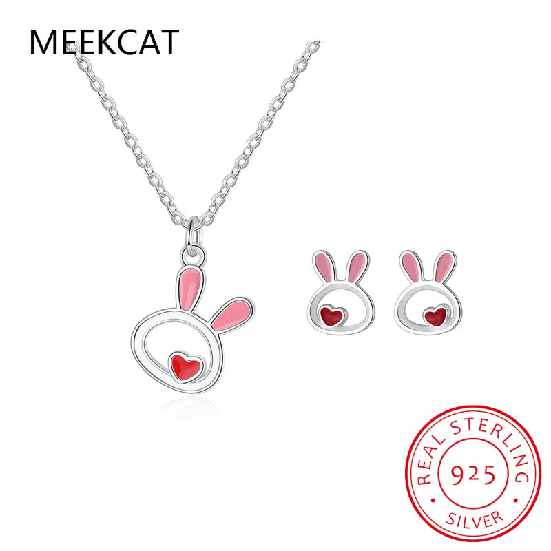 925 Silver Animal Rabbit Necklace+Earring Set for Women Girl Gift