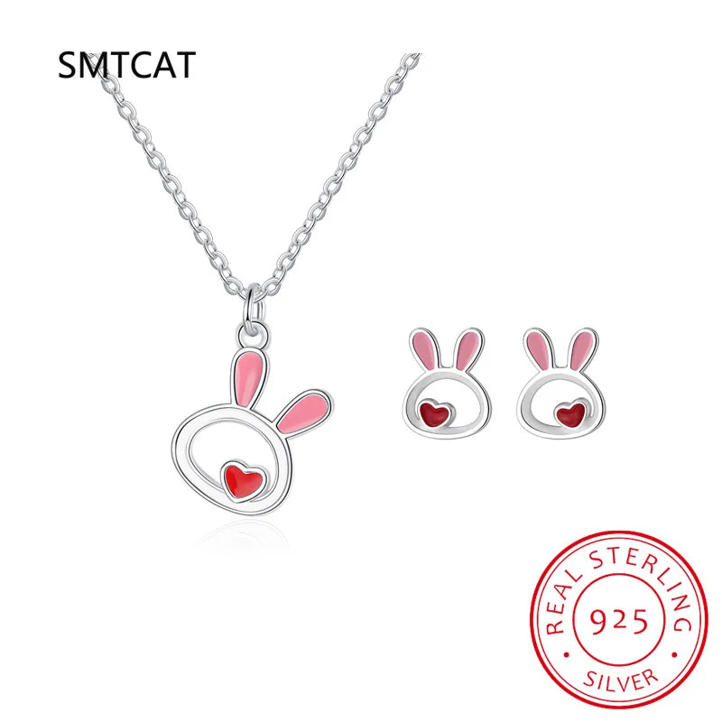925 Sterling Silver Rabbit Necklace+Earring Set for Women