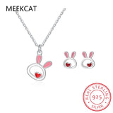 925 Silver Animal Rabbit Necklace+Earring Set for Women Girl Gift