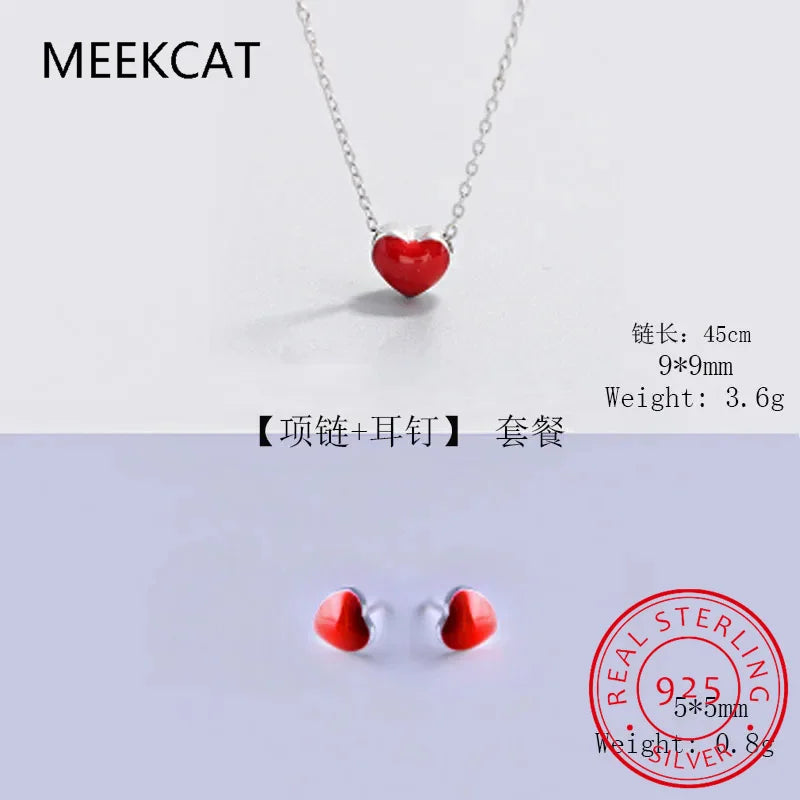 925 Silver Heart Necklace & Earring Set Red Enamel Romantic Jewelry for Women