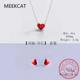 925 Silver Heart Necklace & Earring Set Red Enamel Romantic Jewelry for Women