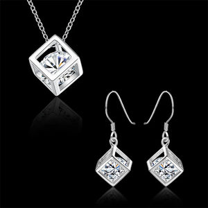 925 Silver Crystal Pendant Necklace Earrings Set for Women