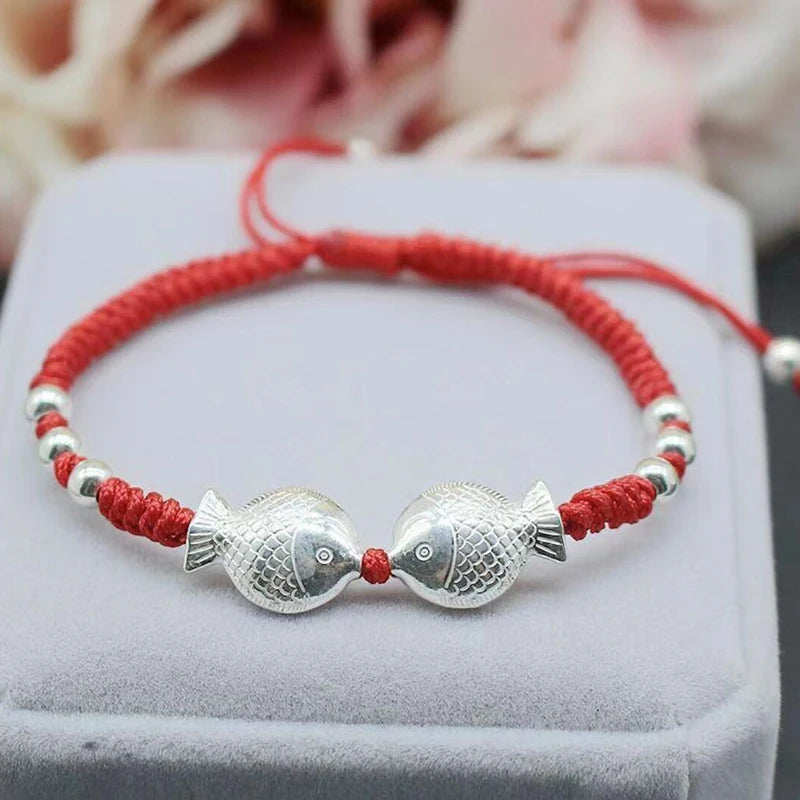 925 Silver Fish Bracelets for Women Girls Red Thread Wedding Bracelet