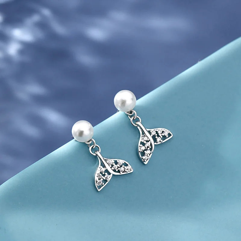 925 Silver Fish Tail Pearl Stud Earrings Elegant Wedding Jewelry