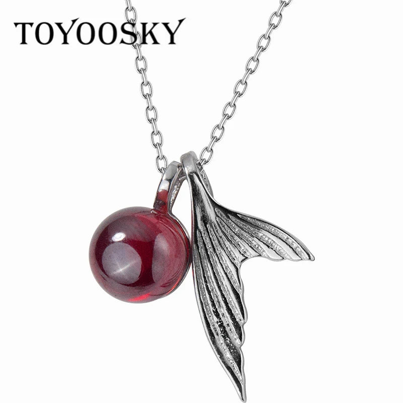 925 Silver Fishtail Pendant Necklace Red Zircon Sweet Dream Chain