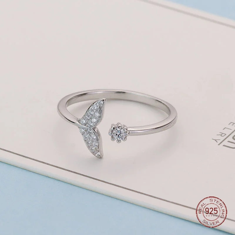 925 Silver Fishtail Zircon Ring for Women Fairy Engagement Adjustable Jewelry