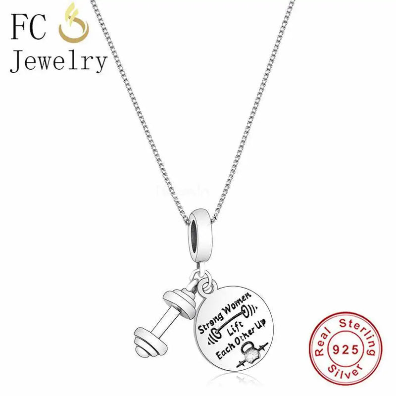 925 Silver Dumbbel Strong Women Lift Pendant Necklace