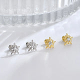 925 Silver 5 Petal Snowflake Stud Earrings Romantic Zircon Christmas Jewelry