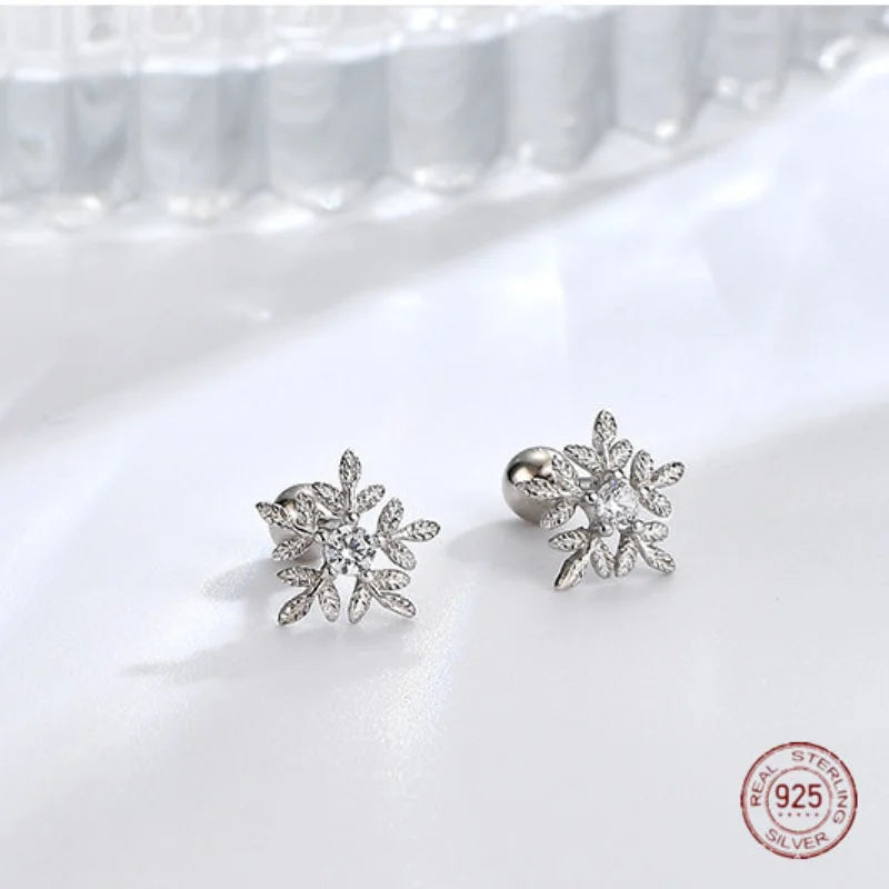 925 Silver 5 Petal Snowflake Stud Earrings Romantic Zircon Christmas Jewelry