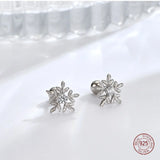 925 Silver 5 Petal Snowflake Stud Earrings Romantic Zircon Christmas Jewelry