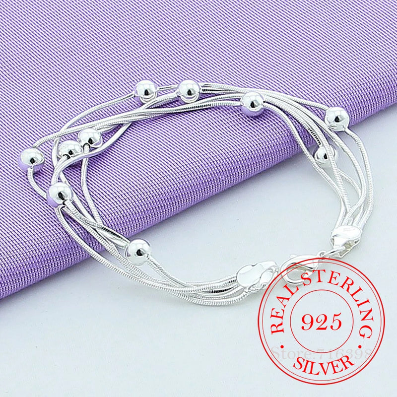 925 Sterling Silver Five Snake Chain Bracelet Smooth Bead Silver Bracelet