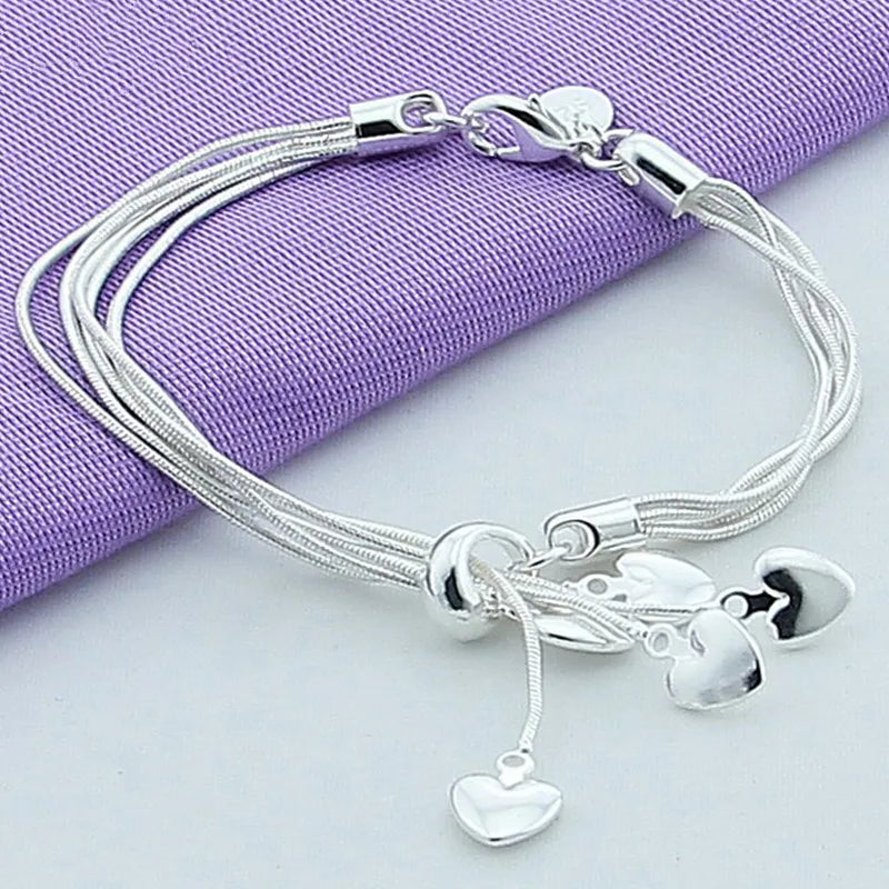 925 Silver 5 Heart Snake Chain Bracelet, Wedding Party Jewelry