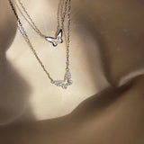 925 Sterling Silver Flash Diamond Butterfly Double Layer Necklace