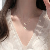 925 Sterling Silver Flash Diamond Butterfly Double Layer Necklace