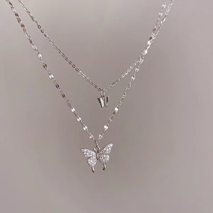 925 Silver Flash Diamond Butterfly Double Necklace Crystal Wedding Jewelry
