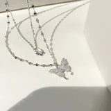 925 Silver Flash Diamond Butterfly Double Necklace Crystal Wedding Jewelry