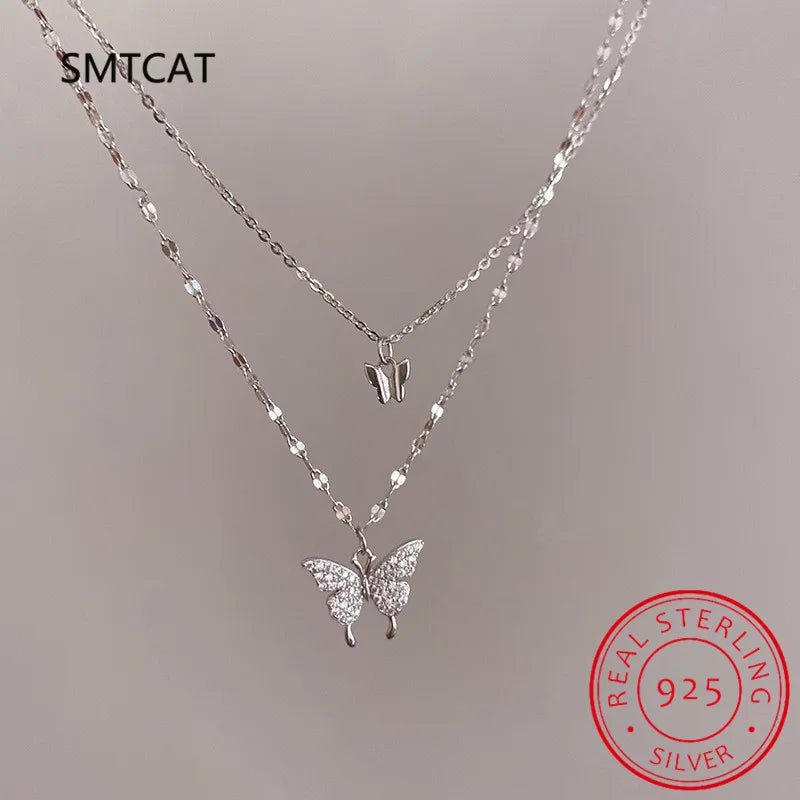 925 Silver Flash Diamond Butterfly Double Necklace Crystal Wedding