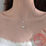 925 Silver Flash Diamond Butterfly Double Necklace Crystal Wedding