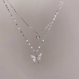 925 Silver Flash Diamond Butterfly Double Necklace Crystal Wedding Jewelry