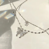 925 Silver Flash Diamond Butterfly Double Necklace Crystal Wedding Jewelry