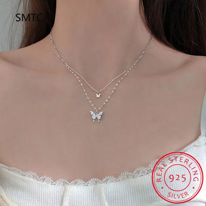 925 Silver Flash Diamond Butterfly Double Necklace Crystal Wedding