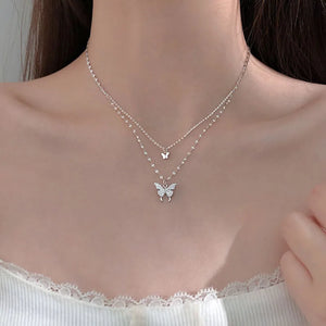 925 Silver Flash Diamond Butterfly Double Necklace Crystal Wedding Jewelry