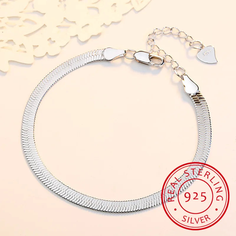 925 Silver Flat Snake Link Chain Bracelet Lobster Clasp Adjustable S-B166