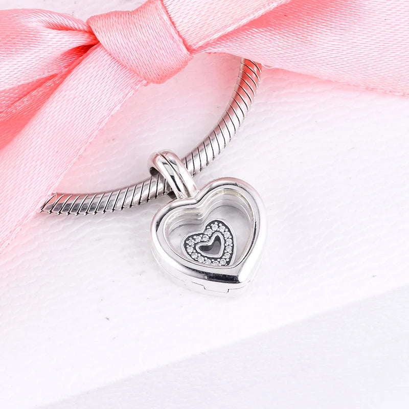 925 Silver Floating Heart Locket Charm Crystal CZ DIY Bracelet Necklace