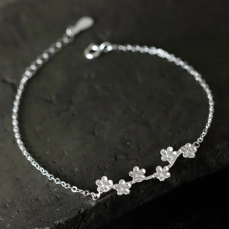 925 Silver Flower Bracelet Women Charm Link Chain Bangle Birthday Gift