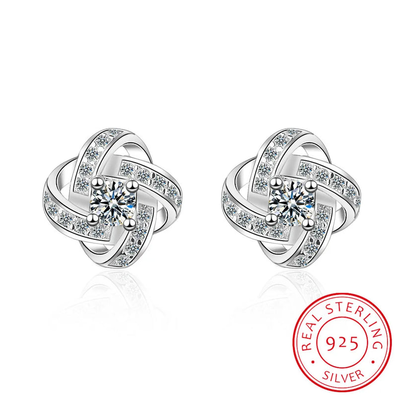 925 Silver Flower Clover Stud Earrings CZ Stone Wedding Women's Fine Jewelry