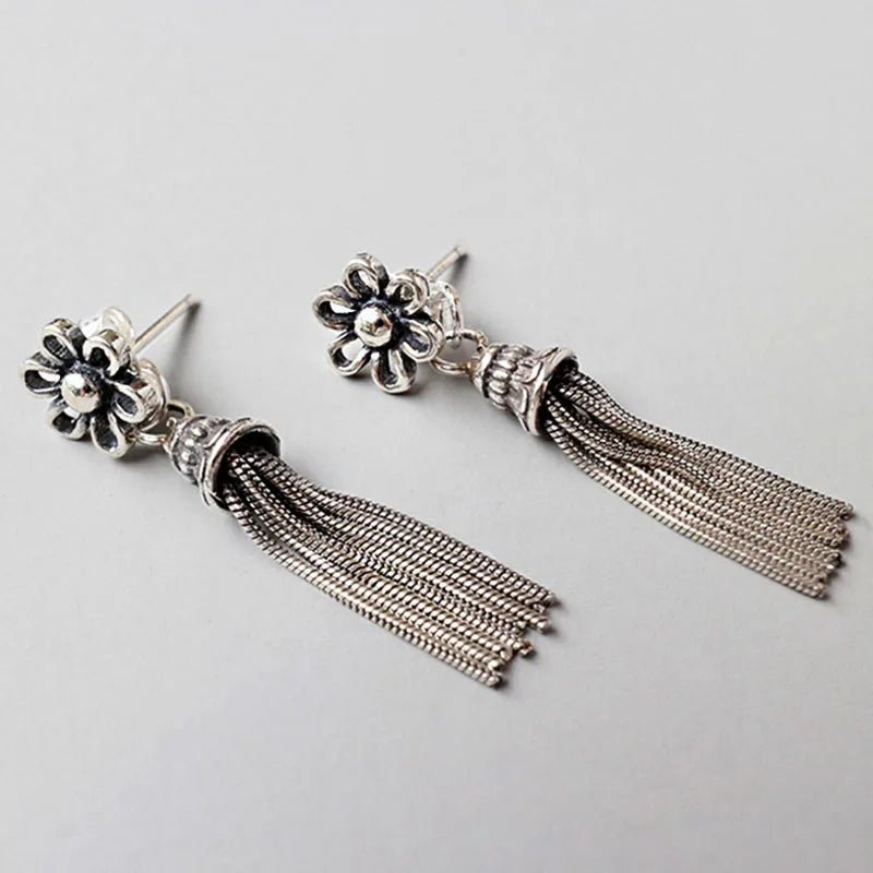 925 Silver Flower Tassel Earrings for Women Thai Silver Lady
