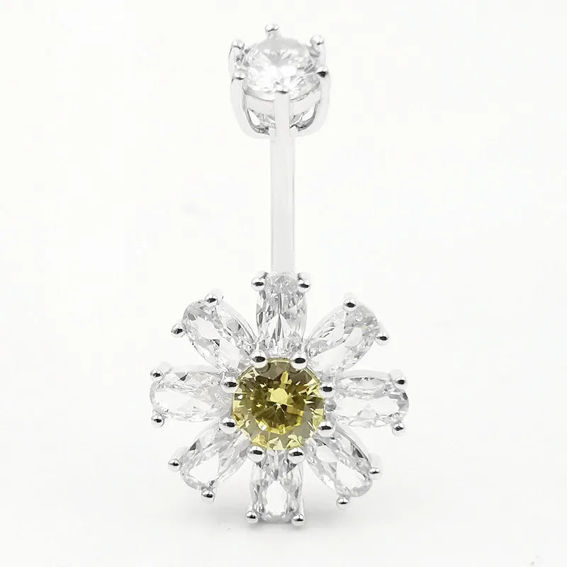 925 Silver Flower Navel Belly Ring Barbell Piercing Jewelry