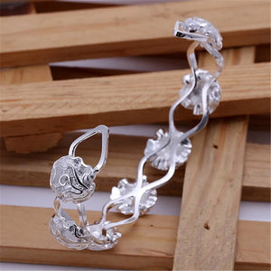 925 Silver Flower Open Bangles Women Bracelets Jewelry Gift Female