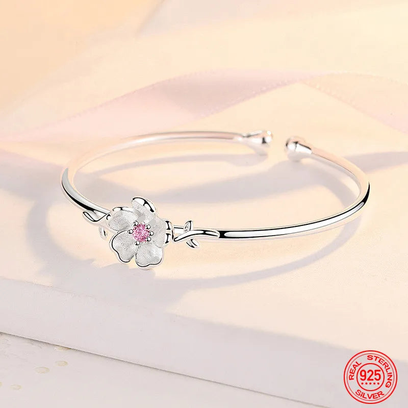 925 Silver Flower Cuff Bracelet Wedding Jewelry