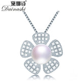 925 Silver Flower Zircon Pendant, Natural Pearl Necklace