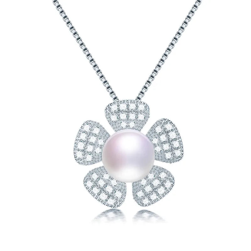 925 Silver Flower Zircon Pendant, Natural Pearl Necklace