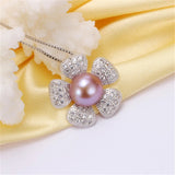 925 Silver Flower Zircon Pendant, Natural Pearl Necklace