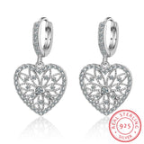 925 Silver Flower Pattern Heart Drop Earrings
