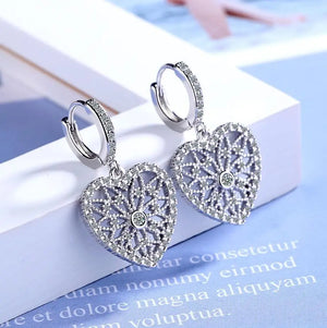 925 Silver Flower Pattern Heart Drop Earrings
