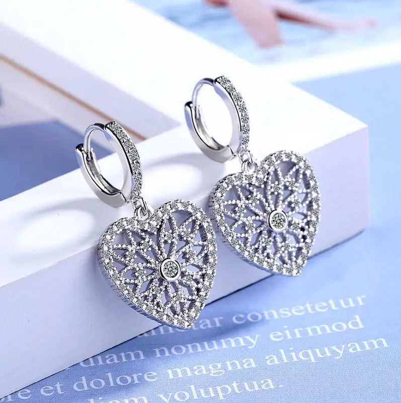 925 Silver Flower Pattern Heart Drop Earrings