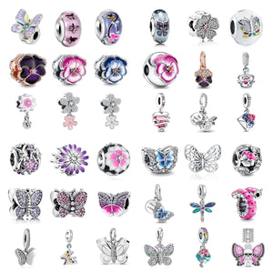 925 Silver Flowers Pendant Butterfly Glass Beads Bracelet Charms