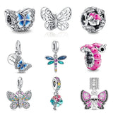 925 Silver Flowers Pendant Butterfly Glass Beads Bracelet Charms