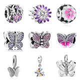 925 Silver Flowers Pendant Butterfly Glass Beads Bracelet Charms